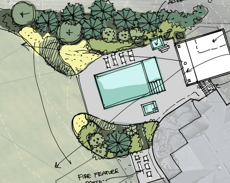 Landscape design with pool and seating area.