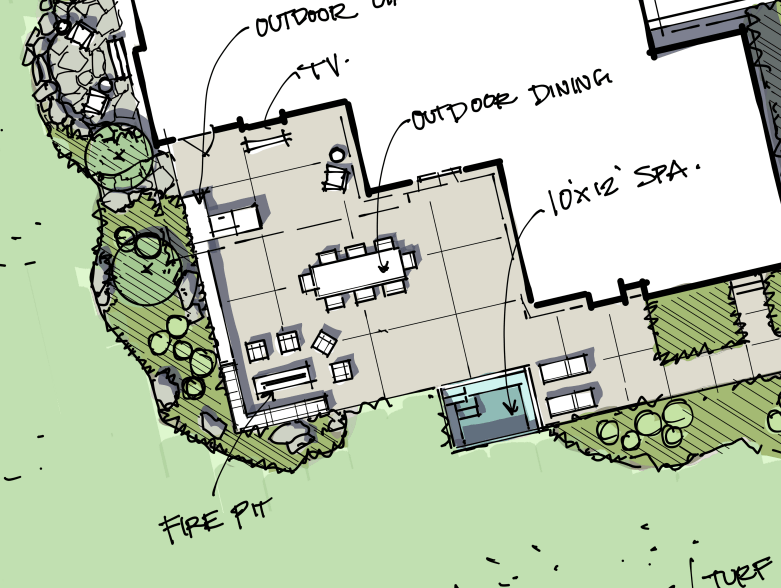 Outdoor living area with fire pit and spa.