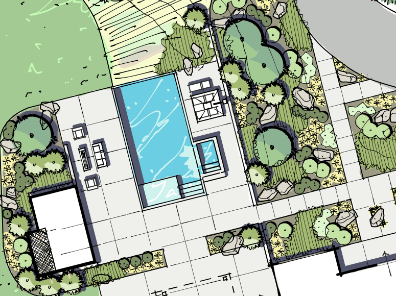 Landscape plan with pool and garden layout.