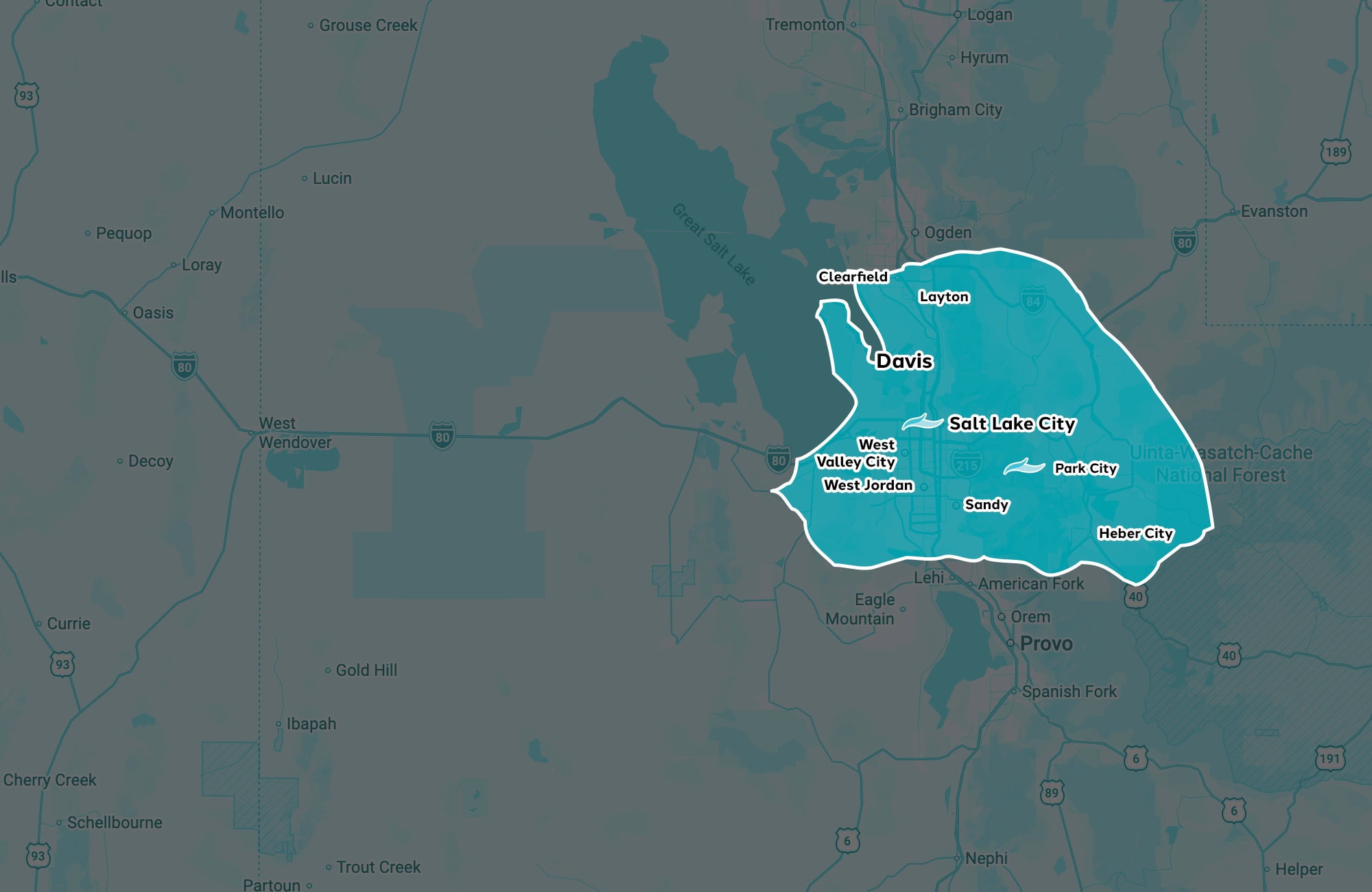 Map highlighting Salt Lake City region in Utah.