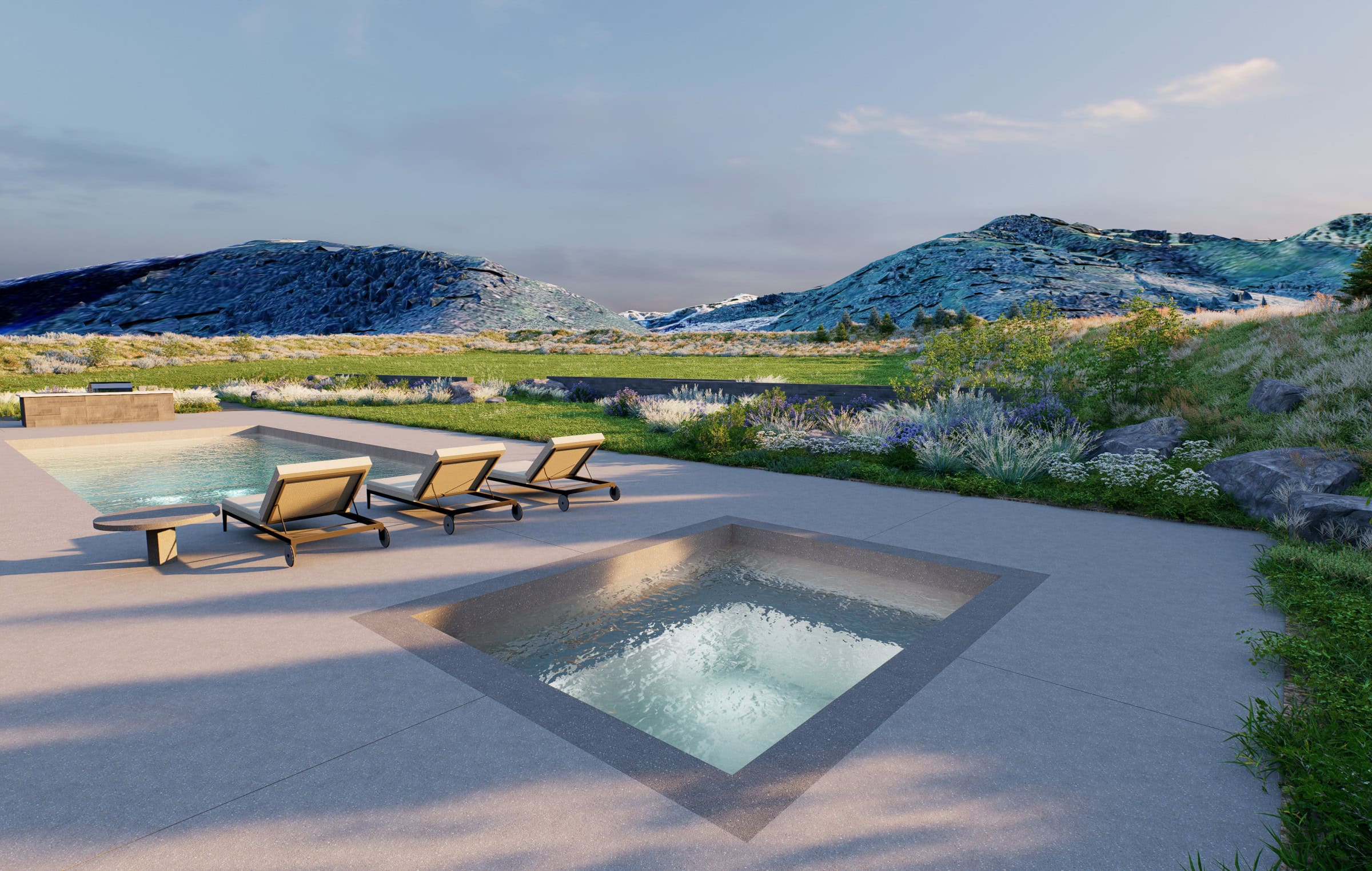 Poolside with mountain view and lounge chairs