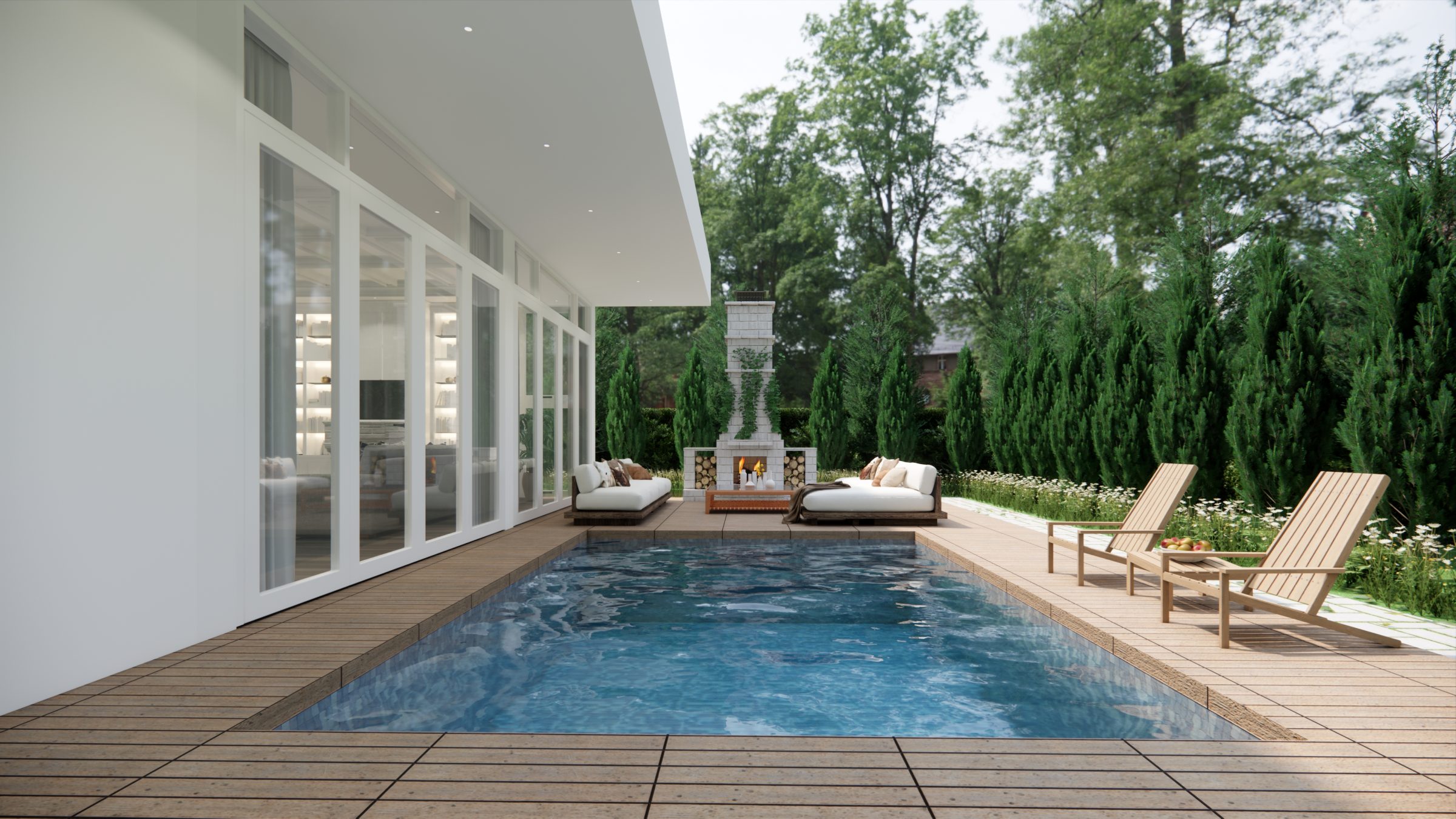 Modern patio with pool and outdoor fireplace.
