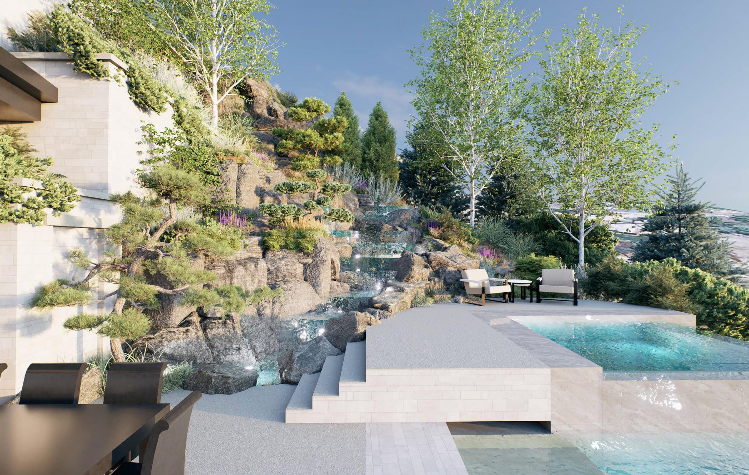 Modern outdoor patio with waterfall and seating area.